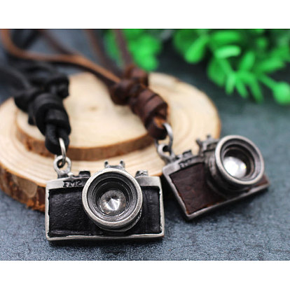 Мини камера сплав с кожаным шнуром подвеска ожерелье, античное серебро