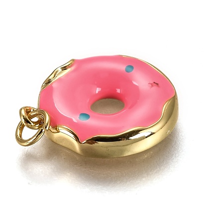Brass Enamel Pendants, Long-Lasting Plated, Real 18K Gold Plated, with Jump Ring, Imitation Food, Donut Shape