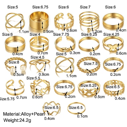 22Pcs 22 Style Heart & Butterfly & Criss Cross & Wave Alloy Finger Rings Set, Imitation Pearl Stackable Rings for Women