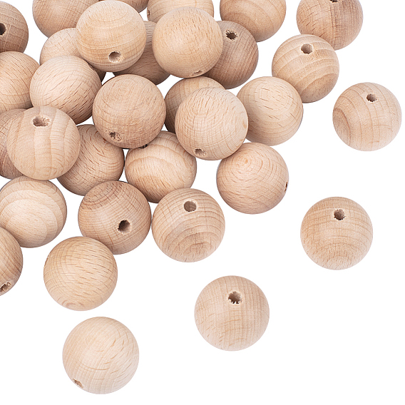 Perles en bois de hêtre naturel non teint, ronde