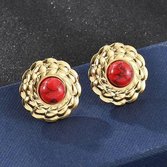 201 плоские круглые серьги-гвоздики из нержавеющей стали, с 304 штифтами из нержавеющей стали, с синтетическими бирюзовый, ионное покрытие (ip)