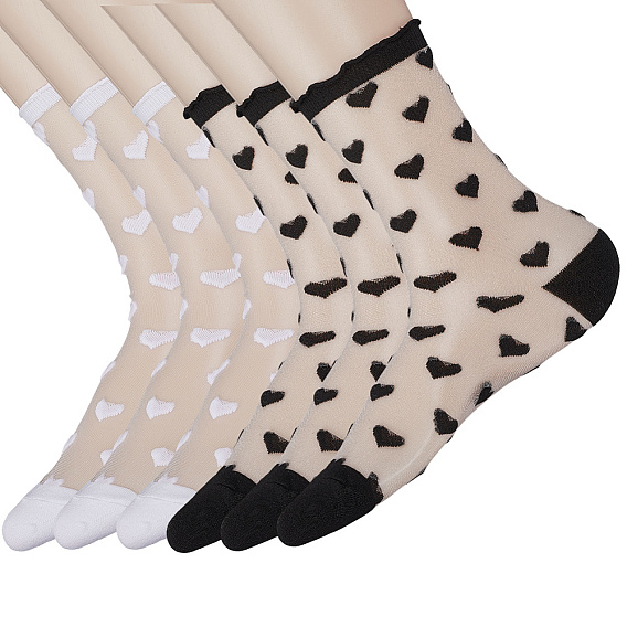 6 пары 2 цветные нейлоновые носки из стекловолокна для женщин и девочек, сердце и полосатый рисунок