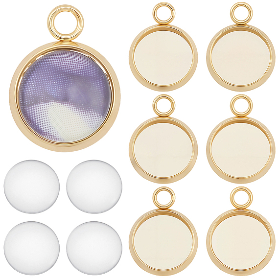 Комплекты кулонов своими руками, в том числе 304 подвеска из нержавеющей стали с кабошоном, чашки безель с краями, плоско-круглые, с прозрачными стеклянными кабошонами