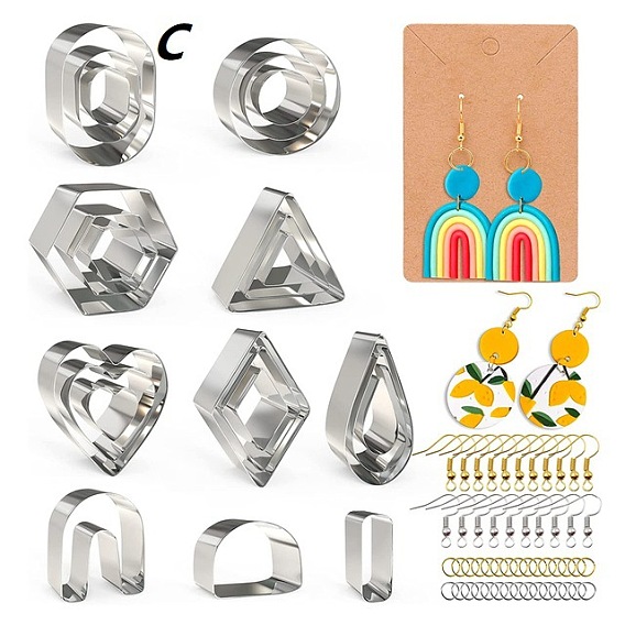 DIY Heart/Triangle/Teardrop Shape Dangle Earring Kits, including Stainless Steel Clay Cutters, Earring Hooks, Jump Ring, Paper Display Card, OPP Bag, Ear Nuts