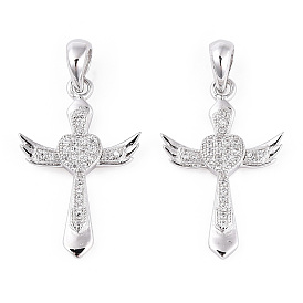 Rhodium Plated 925 Sterling Silver Micro Pave Clear Cubic Zirconia Pendants, Heart Wings Magic Wand Charms wit 925 Stamp