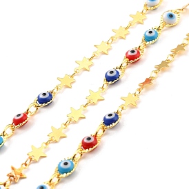 Handmade Brass Link Chains, with Round Beads, Long-Lasting Plated, Soldered, with Spool, Beads with Glass, Evil Eye Beads
