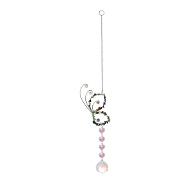 Stainless Steel Wire Wrapped Gemstone Chip Hanging Ornaments, Glass Round Tassel Suncatcher for Window Garden Decoration