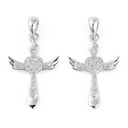 Rhodium Plated 925 Sterling Silver Micro Pave Clear Cubic Zirconia Pendants, Heart Wings Magic Wand Charms wit 925 Stamp