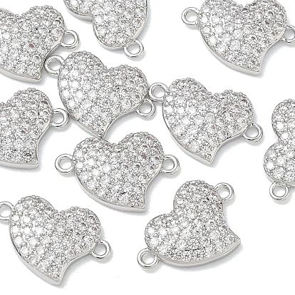 SHEGRACE Brass Micro Pave Clear Cubic Zirconia Connector Charms, Heart Links, Cadmium Free & Lead Free & Nickel Free