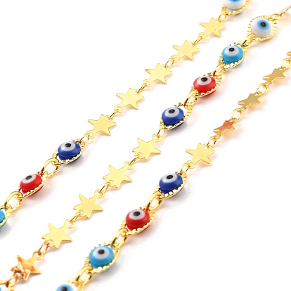 Handmade Brass Link Chains, with Round Beads, Long-Lasting Plated, Soldered, with Spool, Beads with Glass, Evil Eye Beads