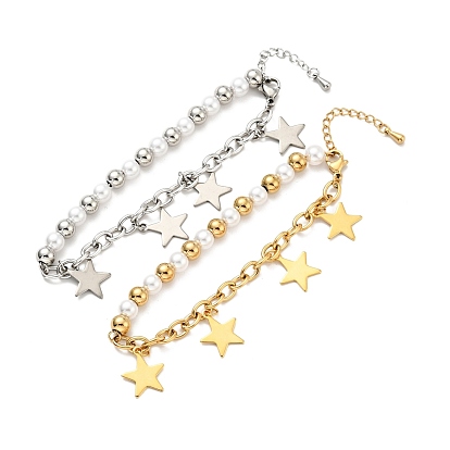 201 Stainless Steel Star Charm Bracelet, Plastic Pearl Beaded Bracelet with 304 Stainless Steel Cable Chains for Women