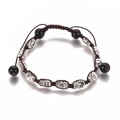 Fashion Braided Bracelets for Halloween, Square Knot Bracelet, with Tibetan Style Skull Beads and Glass Beads, Coconut Brown Color, 55~100mm