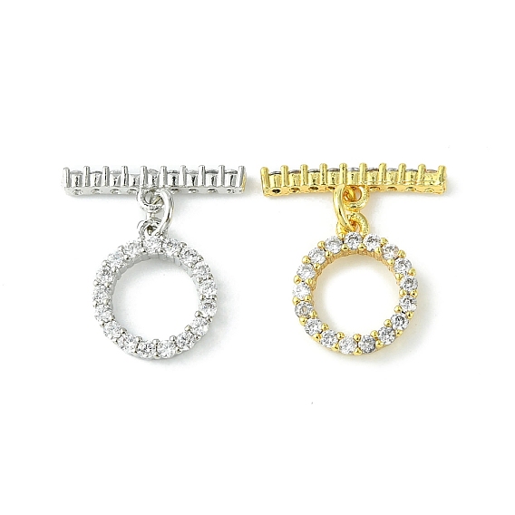 Rack Plating Eco-Friendly Brass Pave Clear Cubic Zirconia Toggle Claps, Long-Lasting Plated, Lead Free & Cadmium Free, Ring