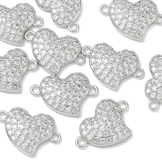 SHEGRACE Brass Micro Pave Clear Cubic Zirconia Connector Charms, Heart Links, Cadmium Free & Lead Free & Nickel Free