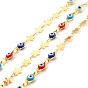 Handmade Brass Link Chains, with Round Beads, Long-Lasting Plated, Soldered, with Spool, Beads with Glass, Evil Eye Beads