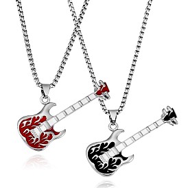 2Pcs 2 Color Couple Necklaces, Iron Guitar Pendant Necklaces with Enamel for Bestfriend Lovers, Stainless Steel Color