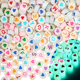 1400 шт 2 стили светящиеся акриловые бусины, горизонтальное отверстие, плоский круг с буквой/сердечком