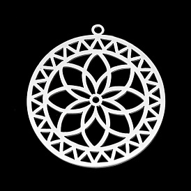 201 Stainless Steel Pendants, Laser Cut, Hollow, Flat Round with Flower