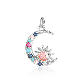 Brass Micro Pave Colorful Cubic Zirconia Pendants, Moon Charms