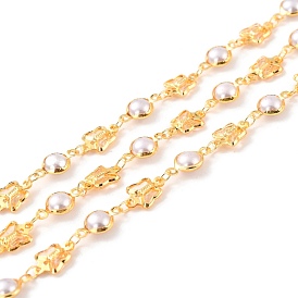 Handmade Brass Link Chains, with Glass Pearl, Long-Lasting Plated, Soldered, with Spool, Flat Round & Butterfly, Golden