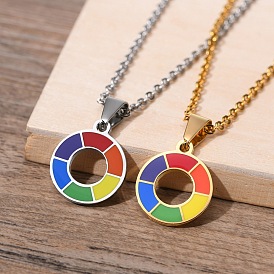 Rainbow Color Pride Flag Enamel Donut Pendant Necklace, Stainless Steel Jewelry for Women