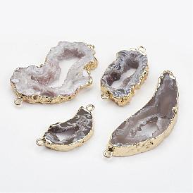 Natural Geode Agate Links Connectors, with Brass Findings, Nuggets