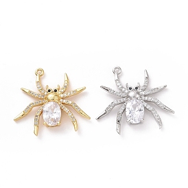 Eco-friendly Brass Micro Pave Cubic Zirconia Pendants, Cadmium Free & Lead Free, Long-Lasting Plated, Spider