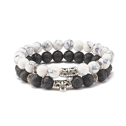 2Pcs 2 Style Natural Lava Rock & Synthetic Howlite Round Beaded Stretch Bracelets Set with Curved Tube, Essential Oil Gemstone Jewelry for Women