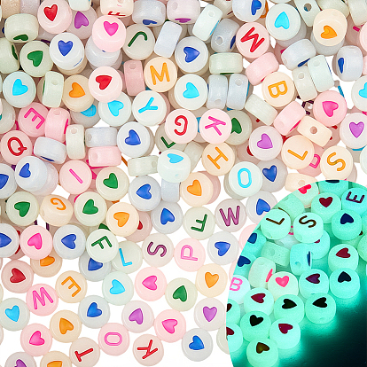 1400 шт 2 стили светящиеся акриловые бусины, горизонтальное отверстие, плоский круг с буквой/сердечком