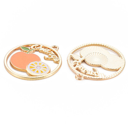 Alloy Enamel Pendants, Cadmium Free & Nickel Free & Lead Free, Light Gold, Ring with Word and Orange