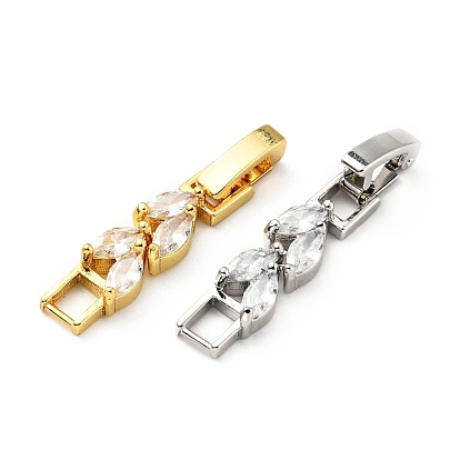 Rack Plating Brass Clear Cubic Zirconia Watch Band Clasps, Cadmium Free & Lead Free, Long-Lasting Plated, Leaf