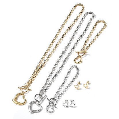 Комплекты из ожерелья, сережек-гвоздиков и браслета из нержавеющей стали в форме сердца 304 для женщин