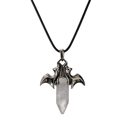 Retro Bat Pendant with Crystal Hexagonal Prism, Fashionable Unisex Necklace