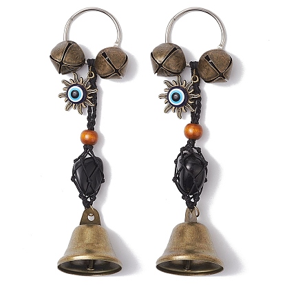 Плетеный нейлоновый мешочек с подвесками из натурального обсидиана, украшения, Железный колокольчик и солнечная кисточка от сглаза для дверных украшений