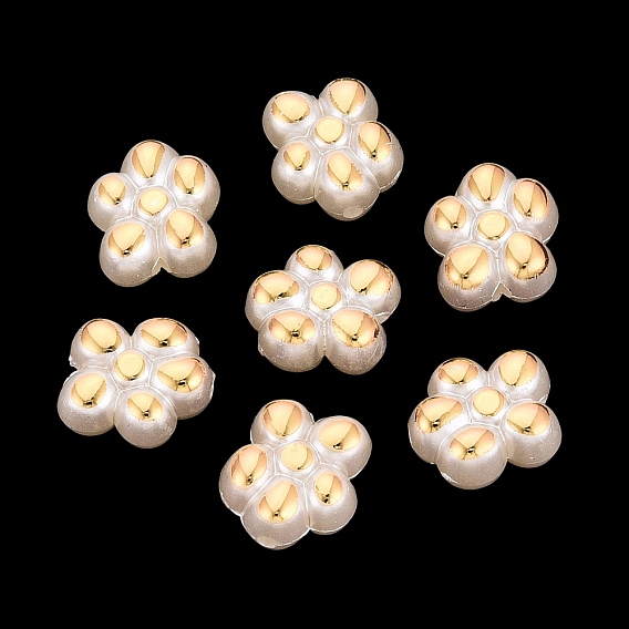 ABS Plastic Imitation Pearl Beads, Golden Metal Enlaced, Flower