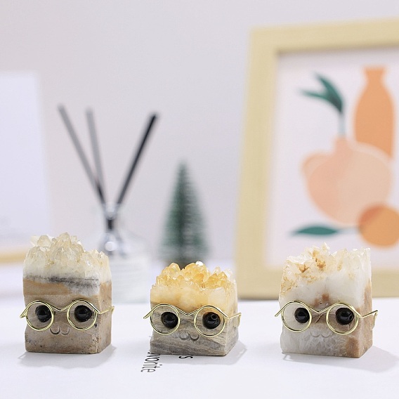 Фигурки ежа из натуральных друзов из кристалла кварца, с металлическими очками для украшений из камня энергии Рейки