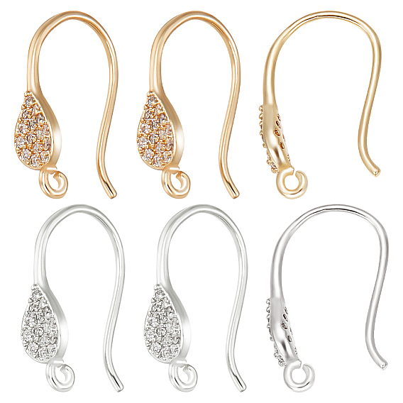 12шт 2 цветная латунь микро паве прозрачный кубический цирконий крючки для серег, с горизонтальными петлями, слеза