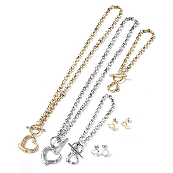 Комплекты из ожерелья, сережек-гвоздиков и браслета из нержавеющей стали в форме сердца 304 для женщин