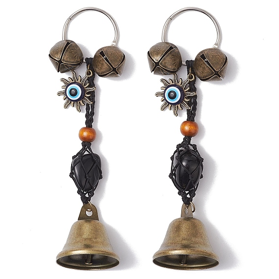 Плетеный нейлоновый мешочек с подвесками из натурального обсидиана, украшения, Железный колокольчик и солнечная кисточка от сглаза для дверных украшений