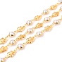 Handmade Brass Link Chains, with Glass Pearl, Long-Lasting Plated, Soldered, with Spool, Flat Round & Butterfly, Golden