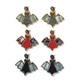 Halloween Bat Glass Seed Braided Dangle Stud Earrings, 316 Stainless Steel Wraped Jewelry for Women