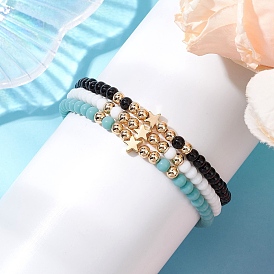 3Pcs 3 Colors Glass Seed Beaded Stretch Bracelet Sets for Women, with Brass Beads