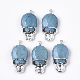 Natural Jade Pendants, with Alloy Findings, Dyed, Skull, Platinum