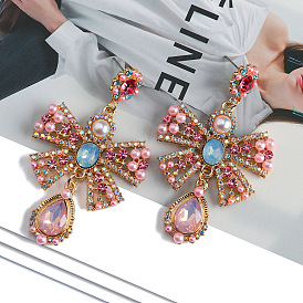 Charming Butterfly Bow Metal Hollow Out Imitation Pearl Colorful Crystal Fashion Earrings