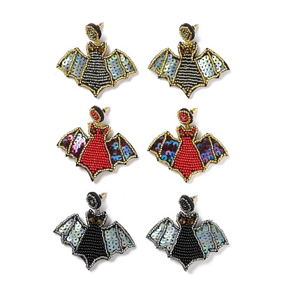 Halloween Bat Glass Seed Braided Dangle Stud Earrings, 316 Stainless Steel Wraped Jewelry for Women