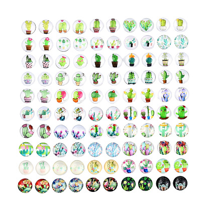 Glass Cabochons, Half Round/Dome with Cactus Pattern