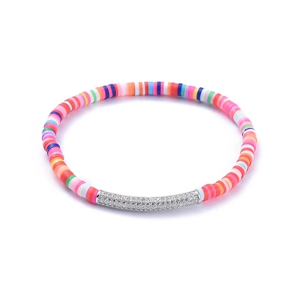 Handmade Polymer Clay Heishi Bead Stretch Bracelets, with Brass Micro Pave Clear Cubic Zirconia Tube Beads