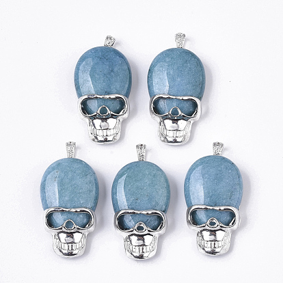 Natural Jade Pendants, with Alloy Findings, Dyed, Skull, Platinum