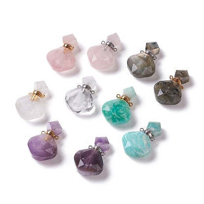 Rhombus Natural Gemstone Perfume Bottle Pendants, with 304 Stainless Steel Findings, Faceted
