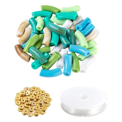 DIY Jewelry Making Kits, Including Curved Tube Imitation Gemstone & Opaque Acrylic Beads, Brass Spacer Beads, Elastic Crystal Thread
